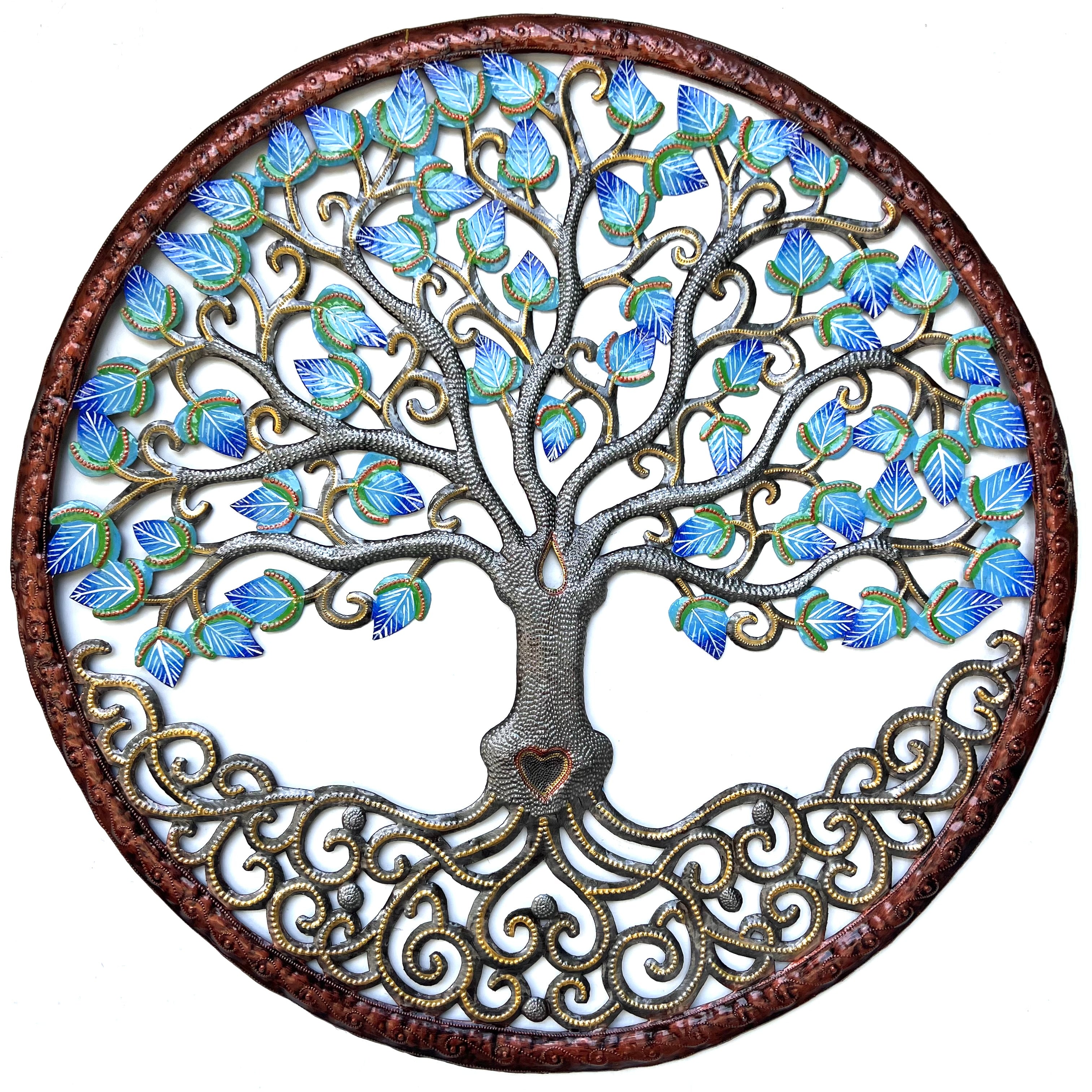 Jumbo- Bronze Circle Turquoise Blue Leaf Tree