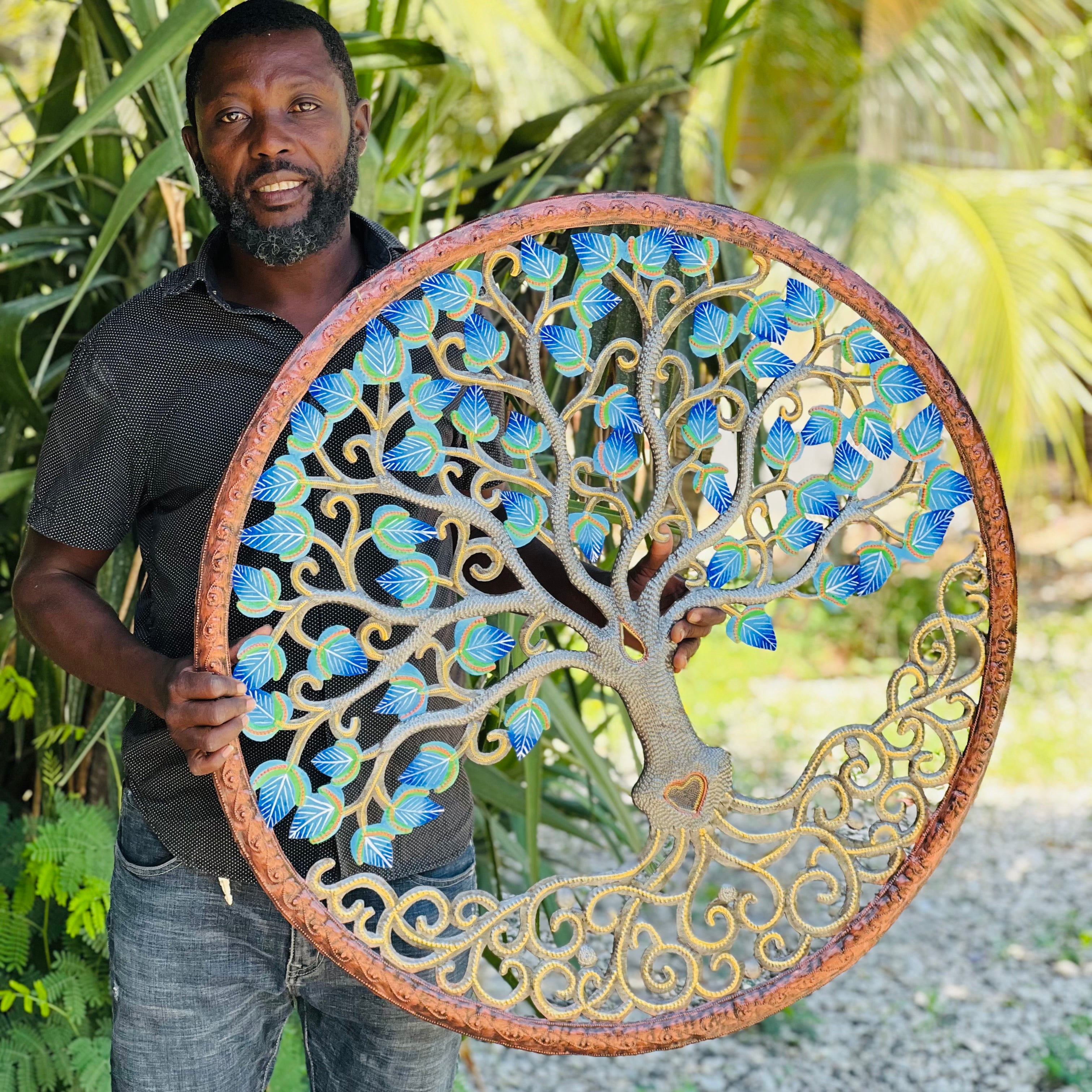 Jumbo- Bronze Circle Turquoise Blue Leaf Tree