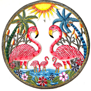 Large Family Flamingo Birds Palm Tree