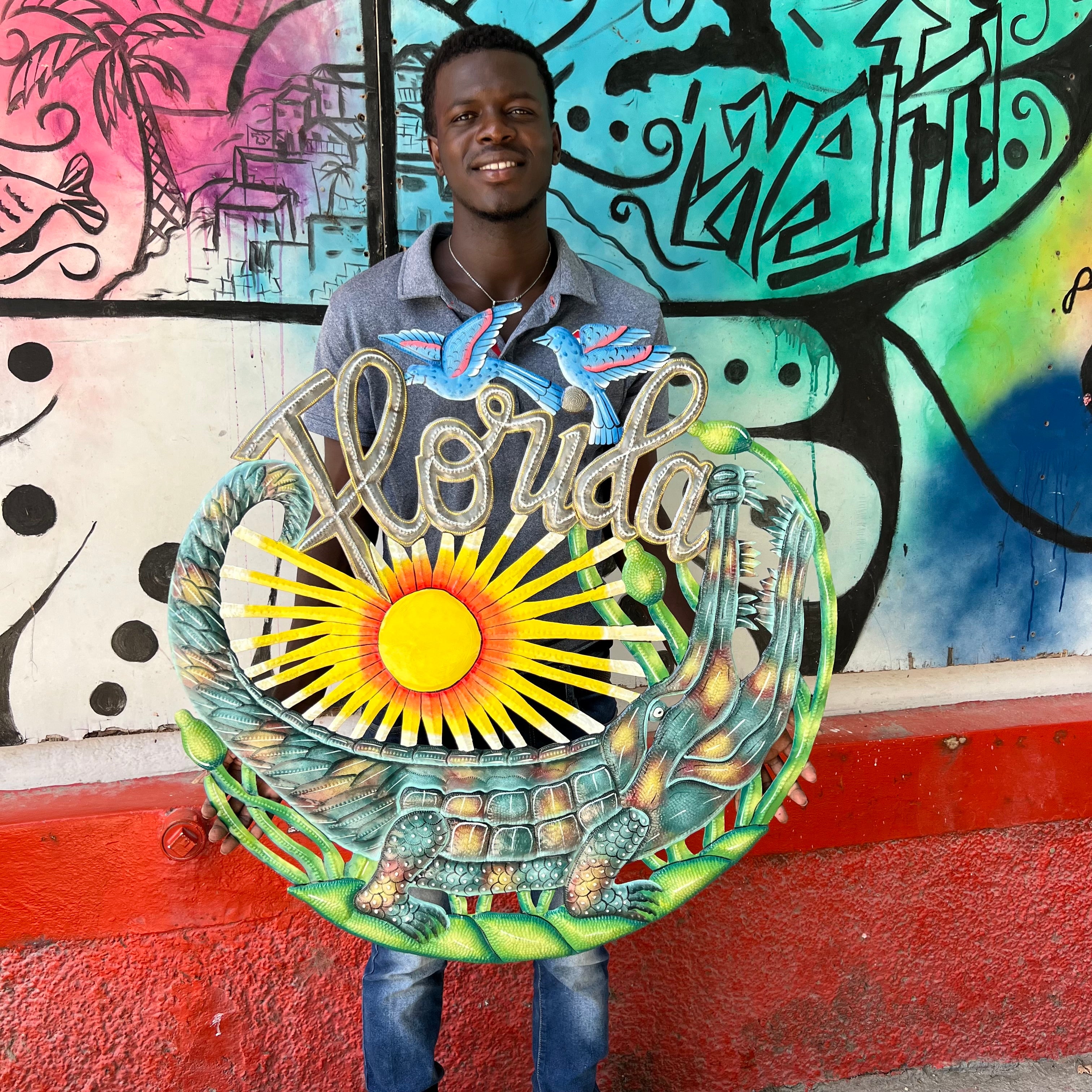 Jumbo- Round Florida Green Alligator- Blue Birds