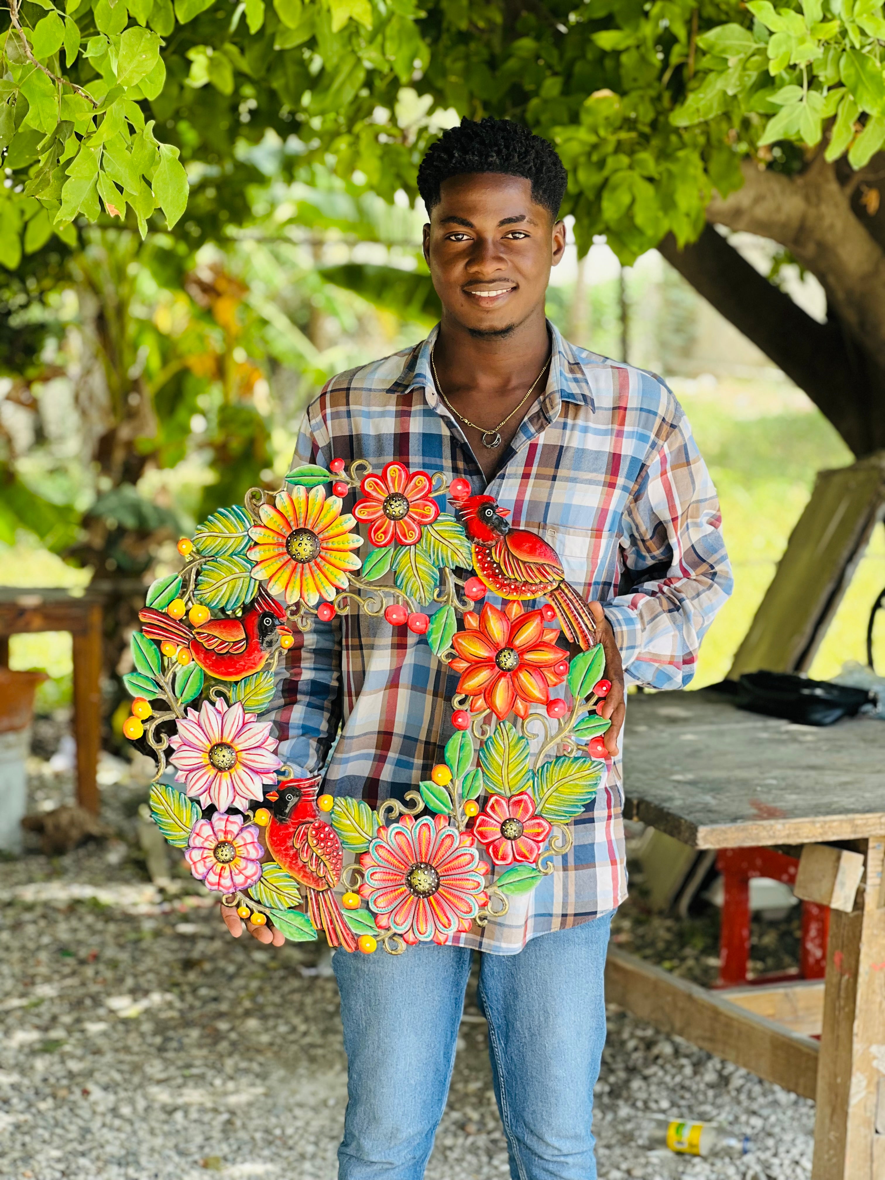Round Red Cardinal And Flowers