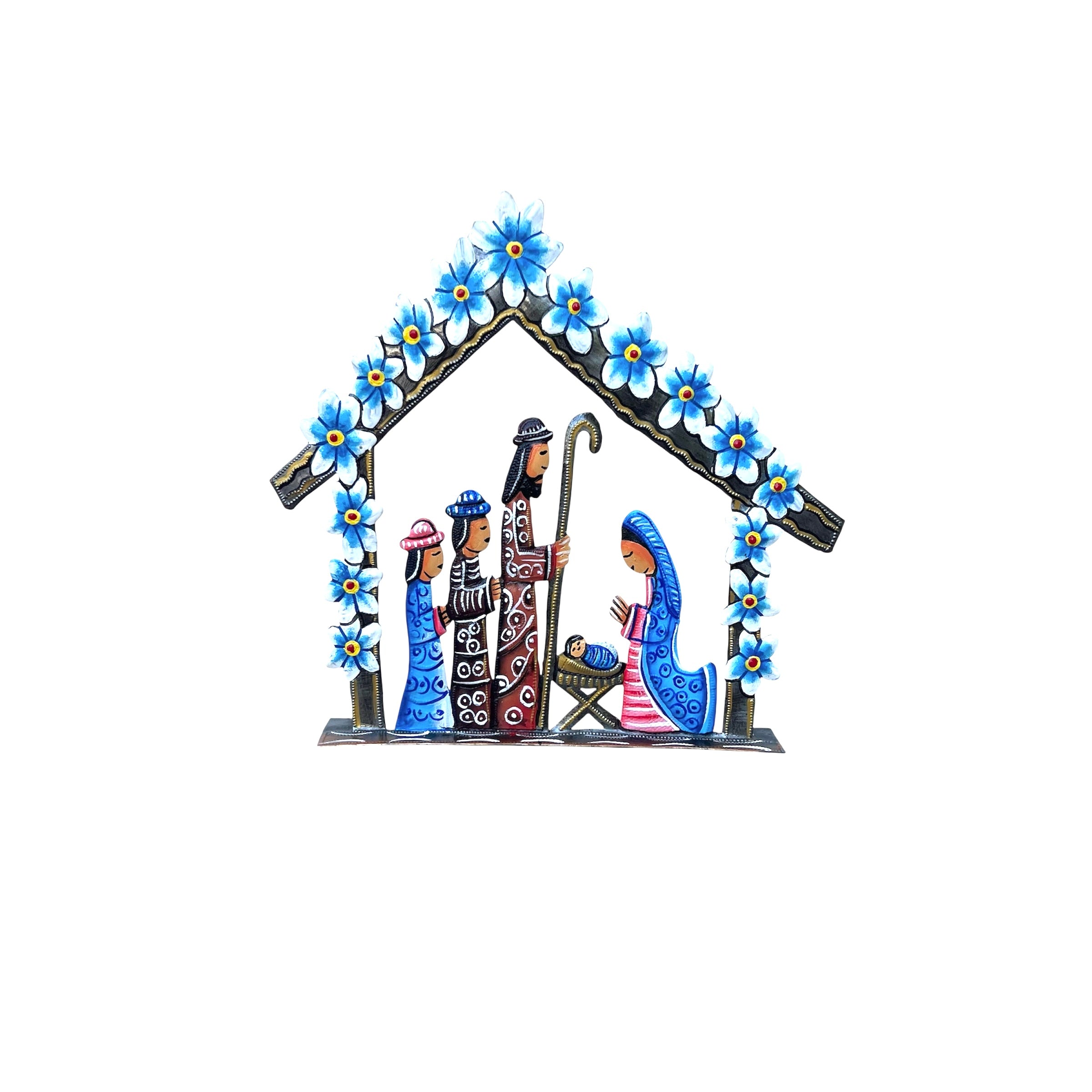 Standing Nativity With Blue Flowers