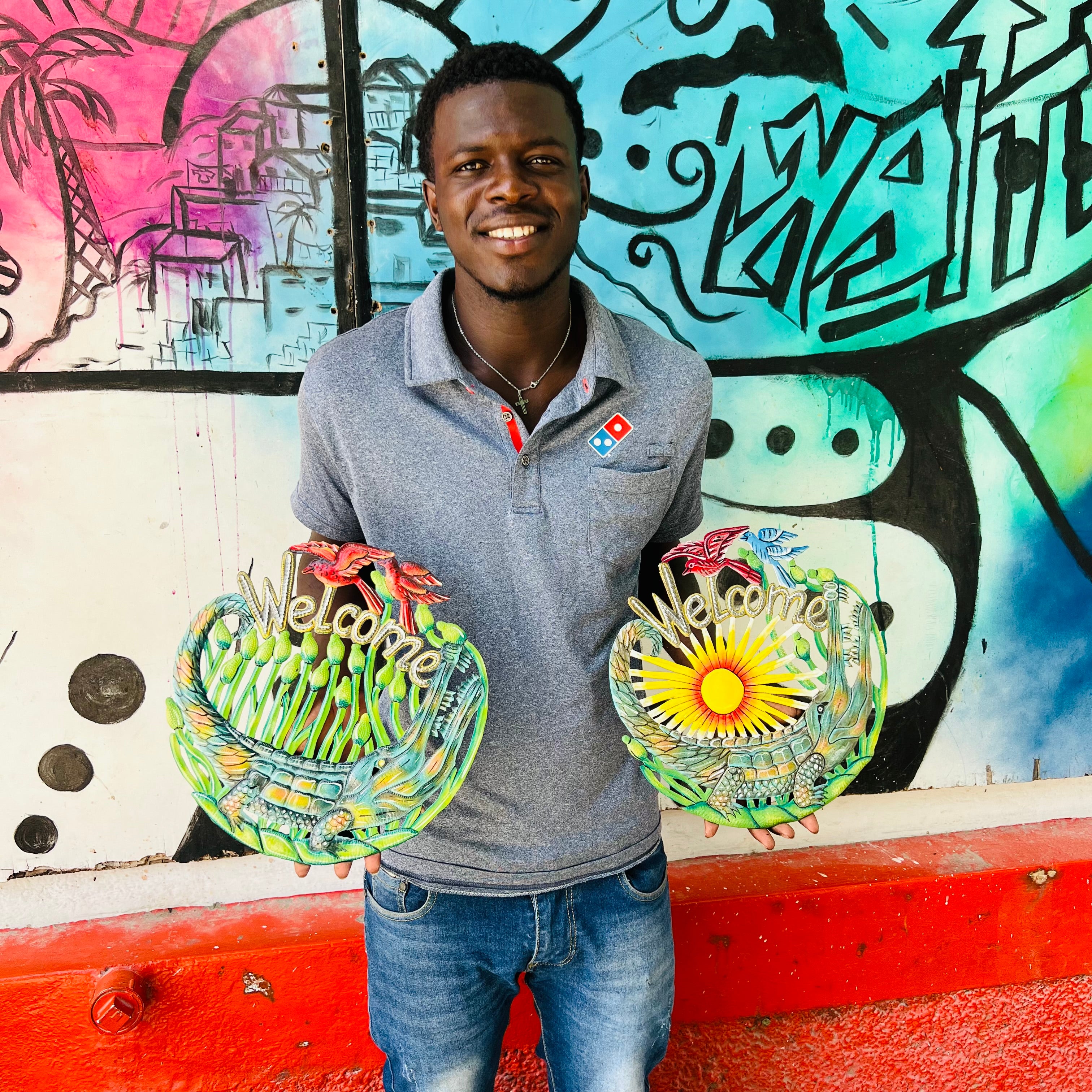 Round Small Welcome Green Alligator