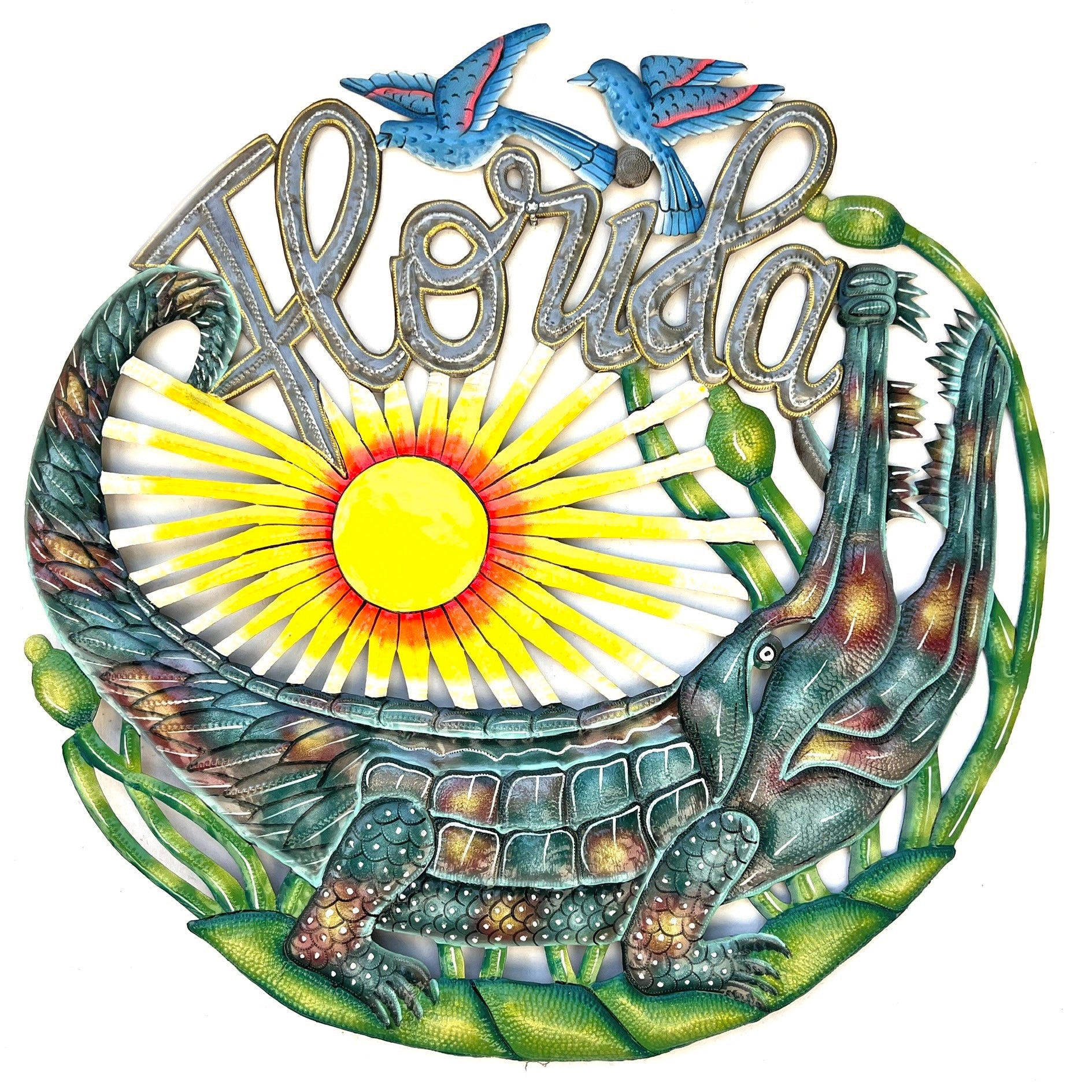 Jumbo- Round Florida Green Alligator- Blue Birds