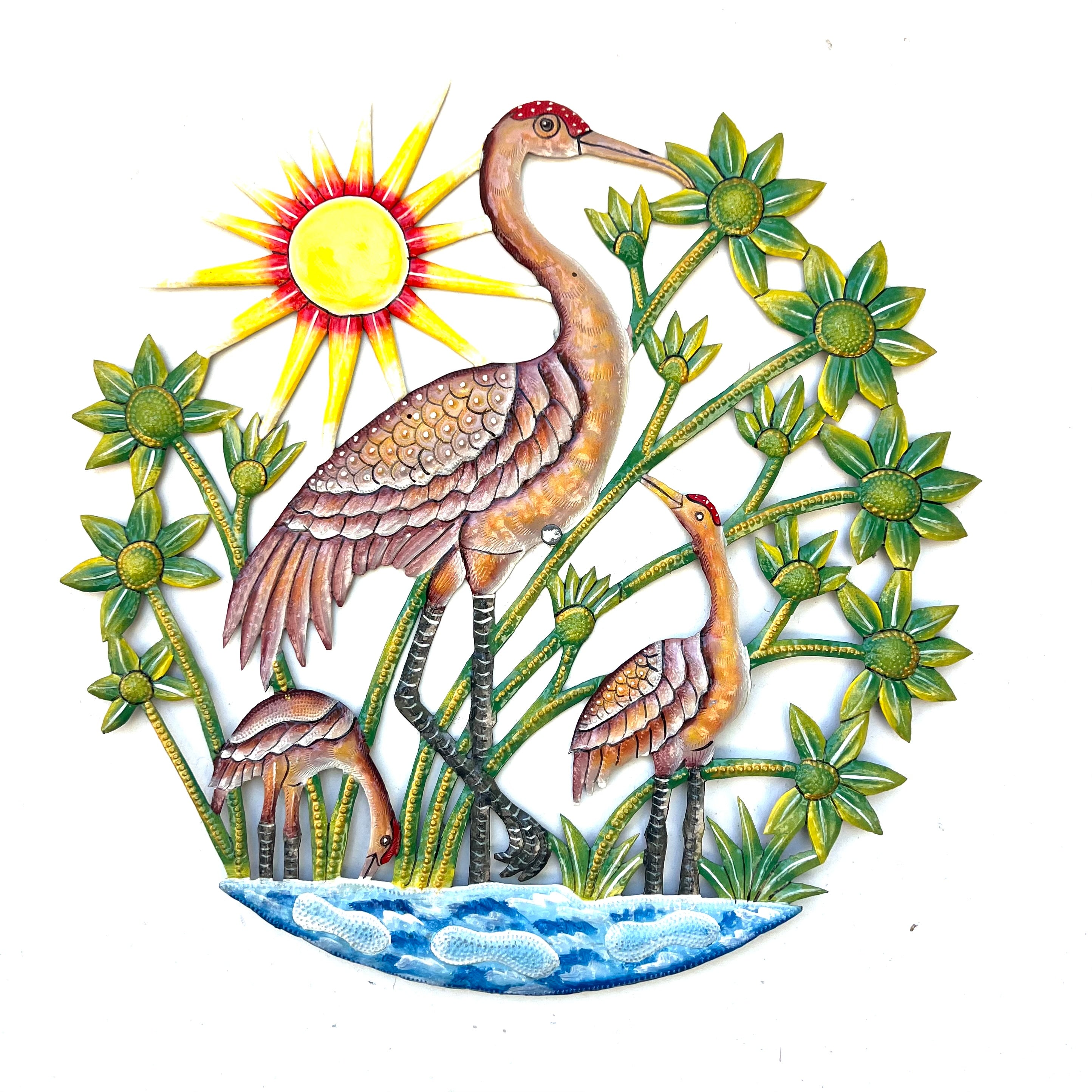 Three Painted Sandhill Crane With Green Flowers