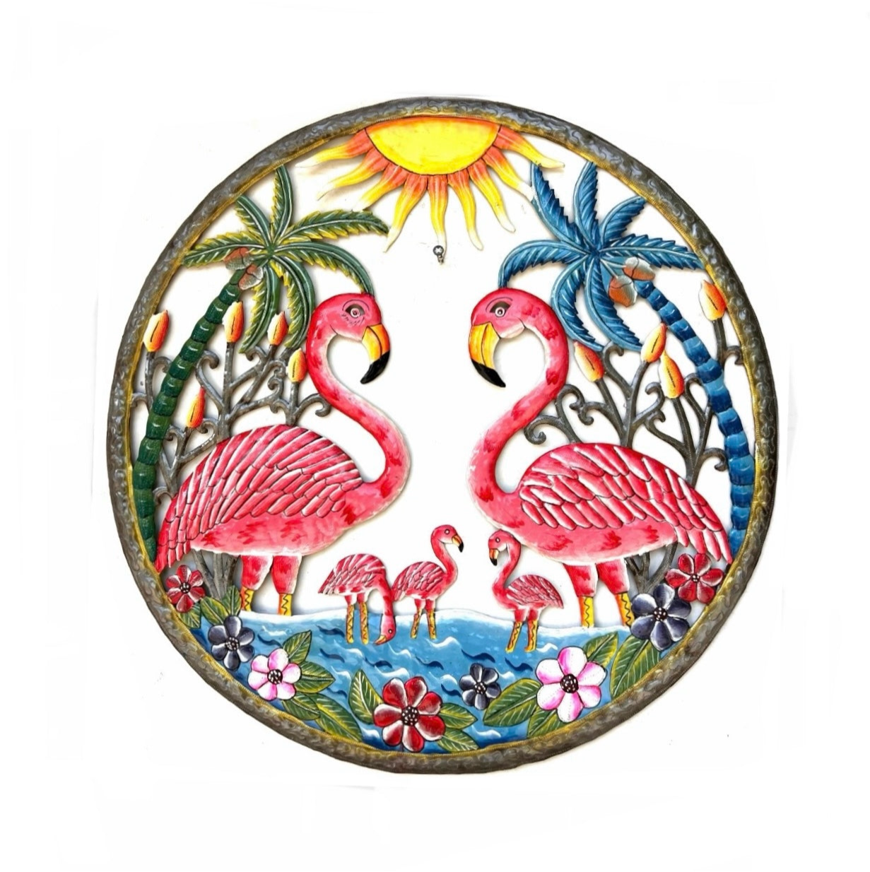 Large Family Flamingo Birds Palm Tree