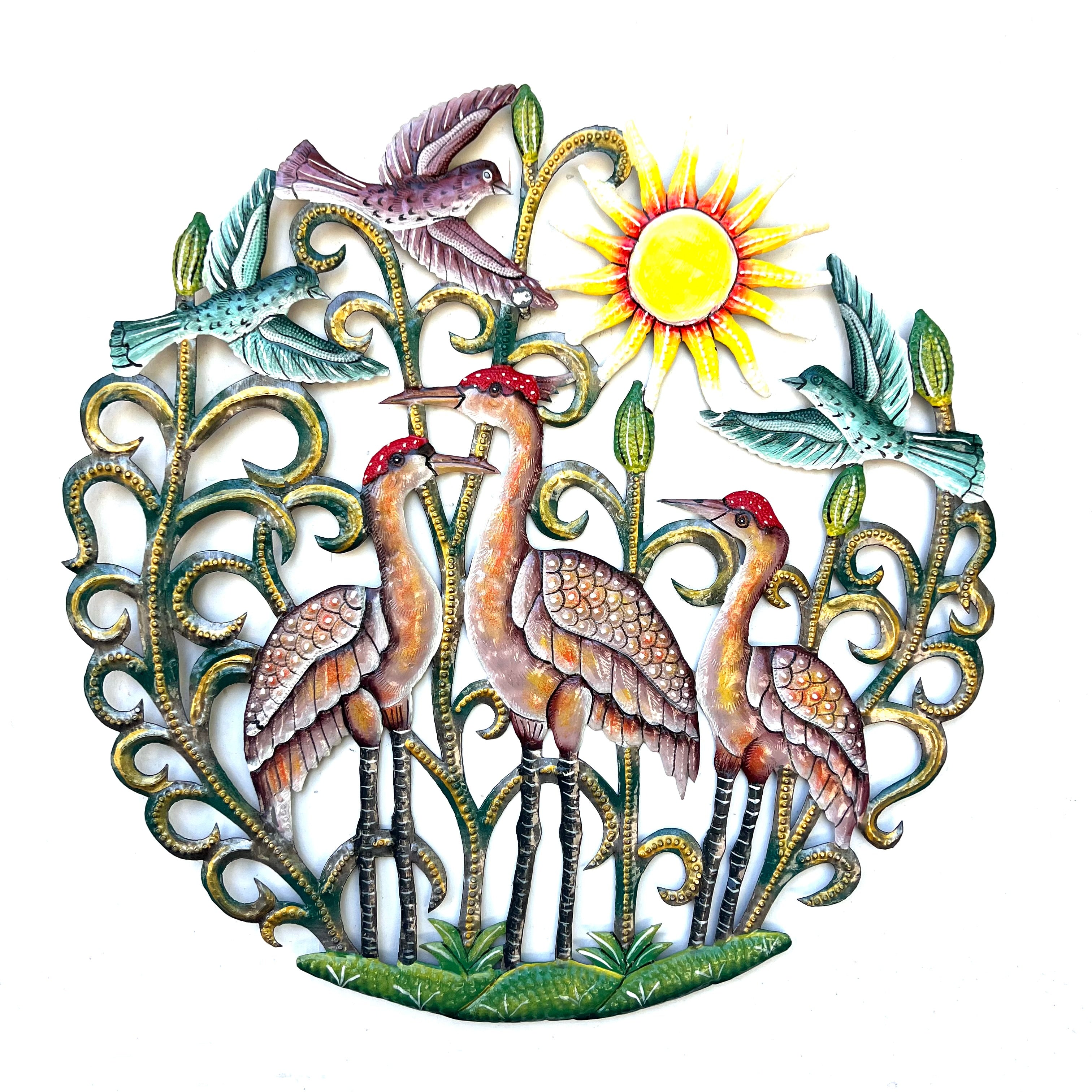 Three Painted Sandhill Crane With Sun