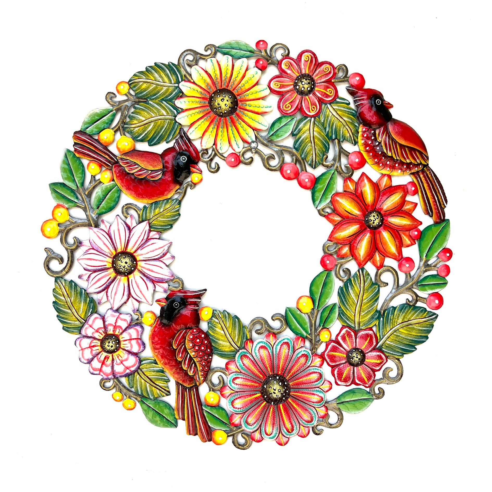 Round Red Cardinal And Flowers