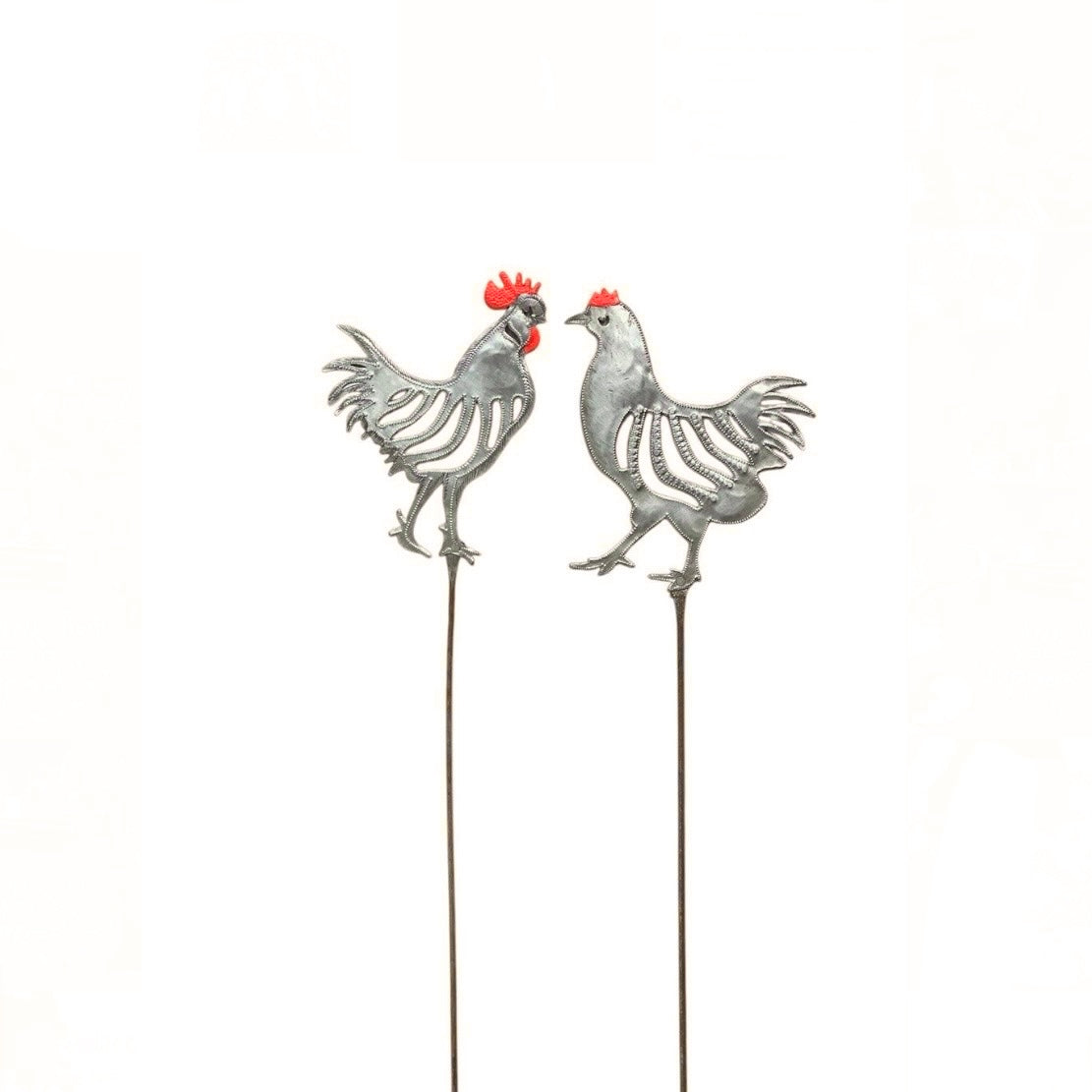 (Set Of 2) Chicken & Rooster Garden Stake