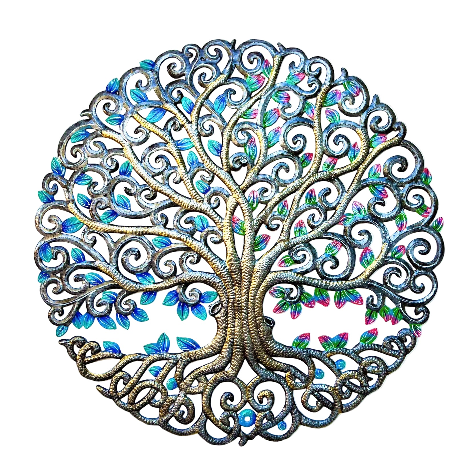 Decorative wall art of a tree with colorful leaves on a white background