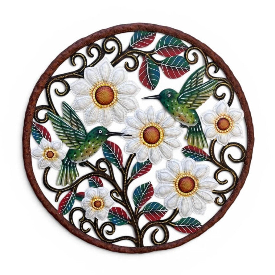 Achelet- Round Bronze Hummingbird & Flowers