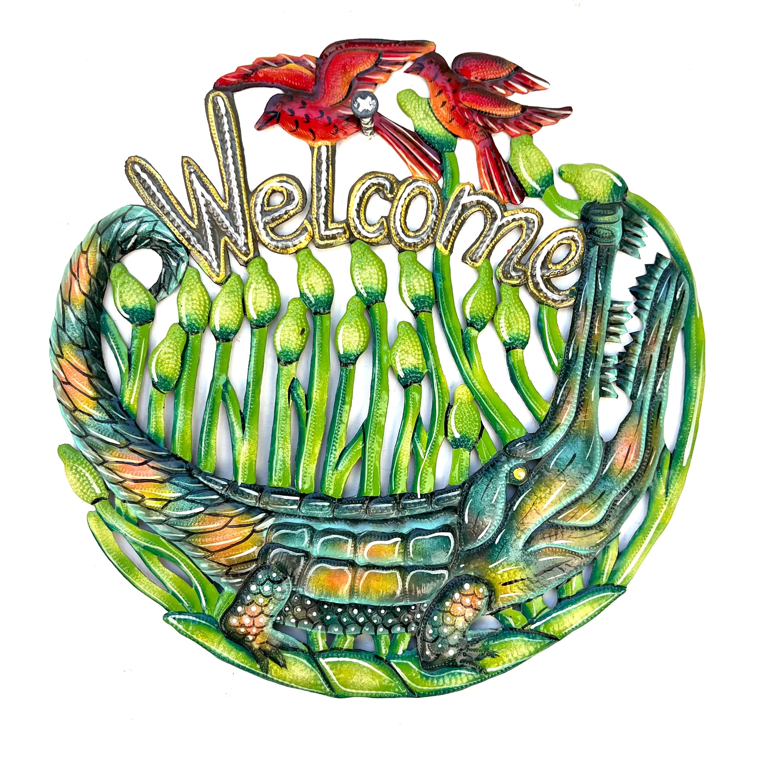 Round Welcome Green Alligator