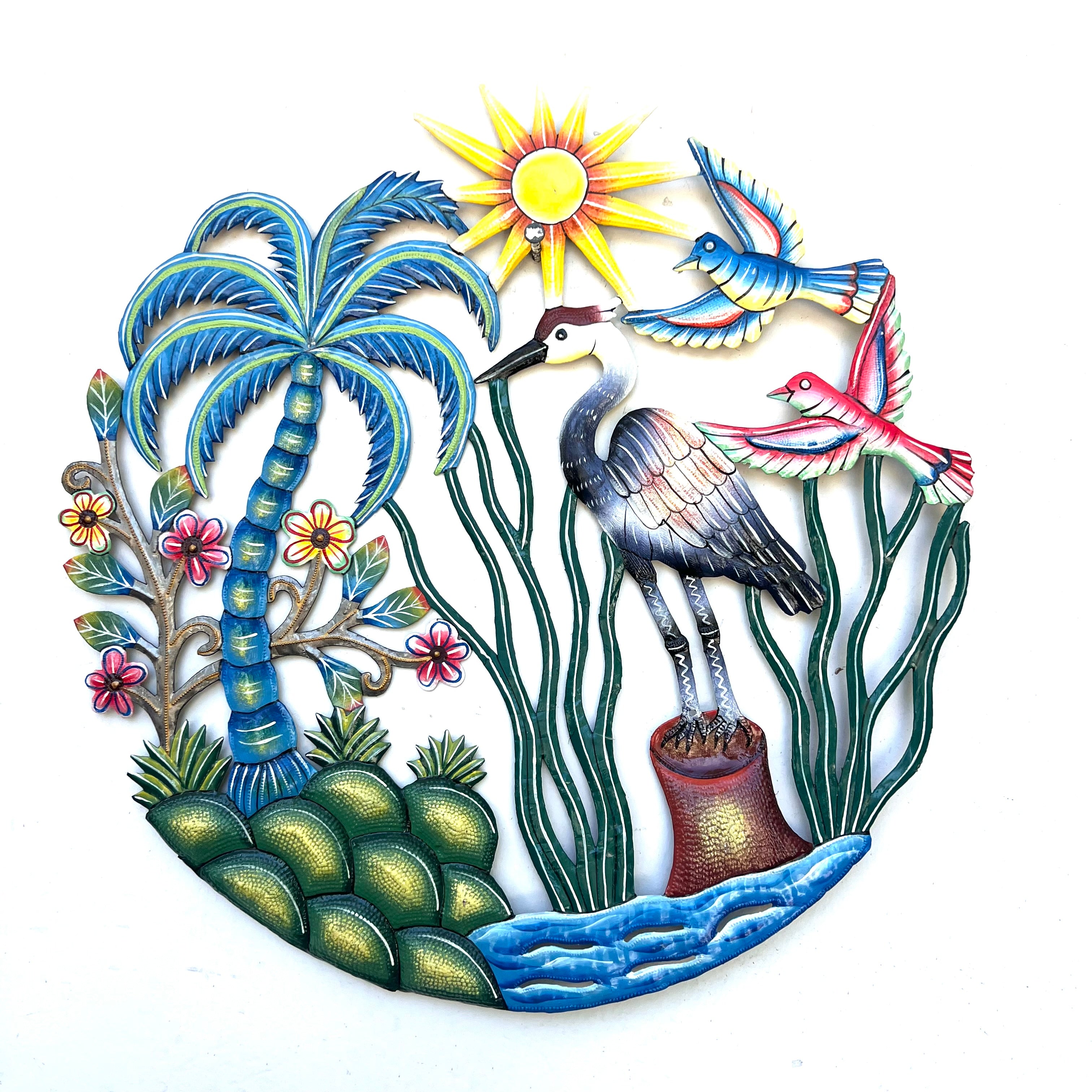 Sandhill Crane With Coconut Tree & Birds