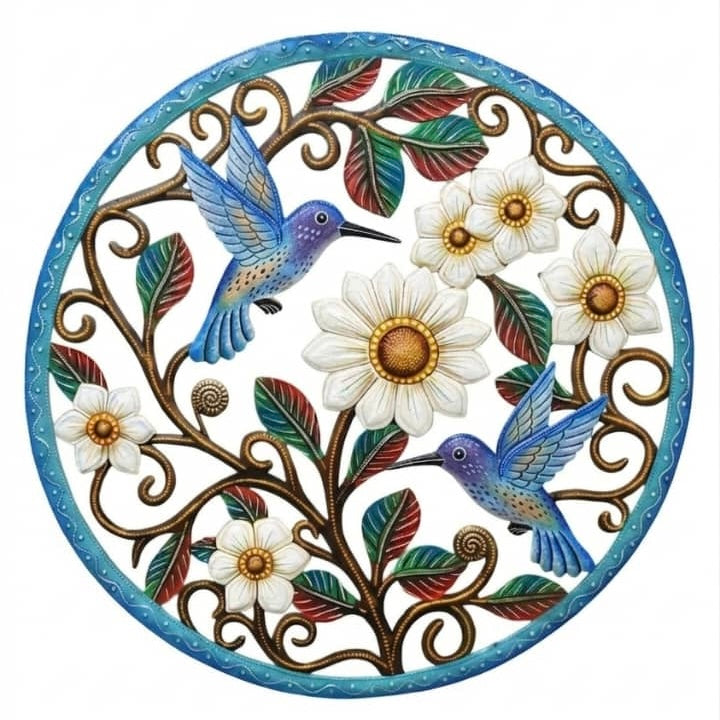 Achelet- Round Blue Hummingbird & Flowers #3