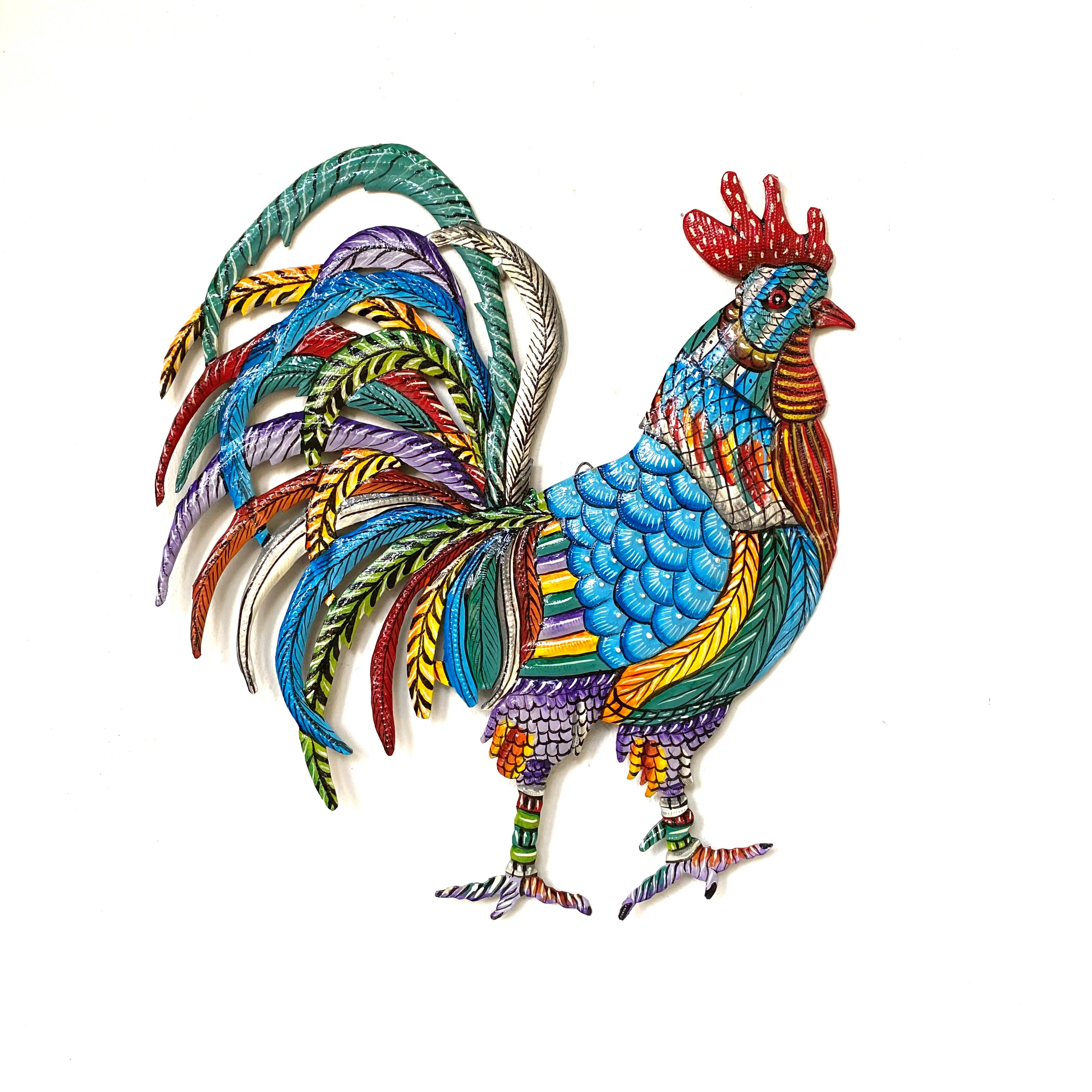 Large Painted Rooster- Blue