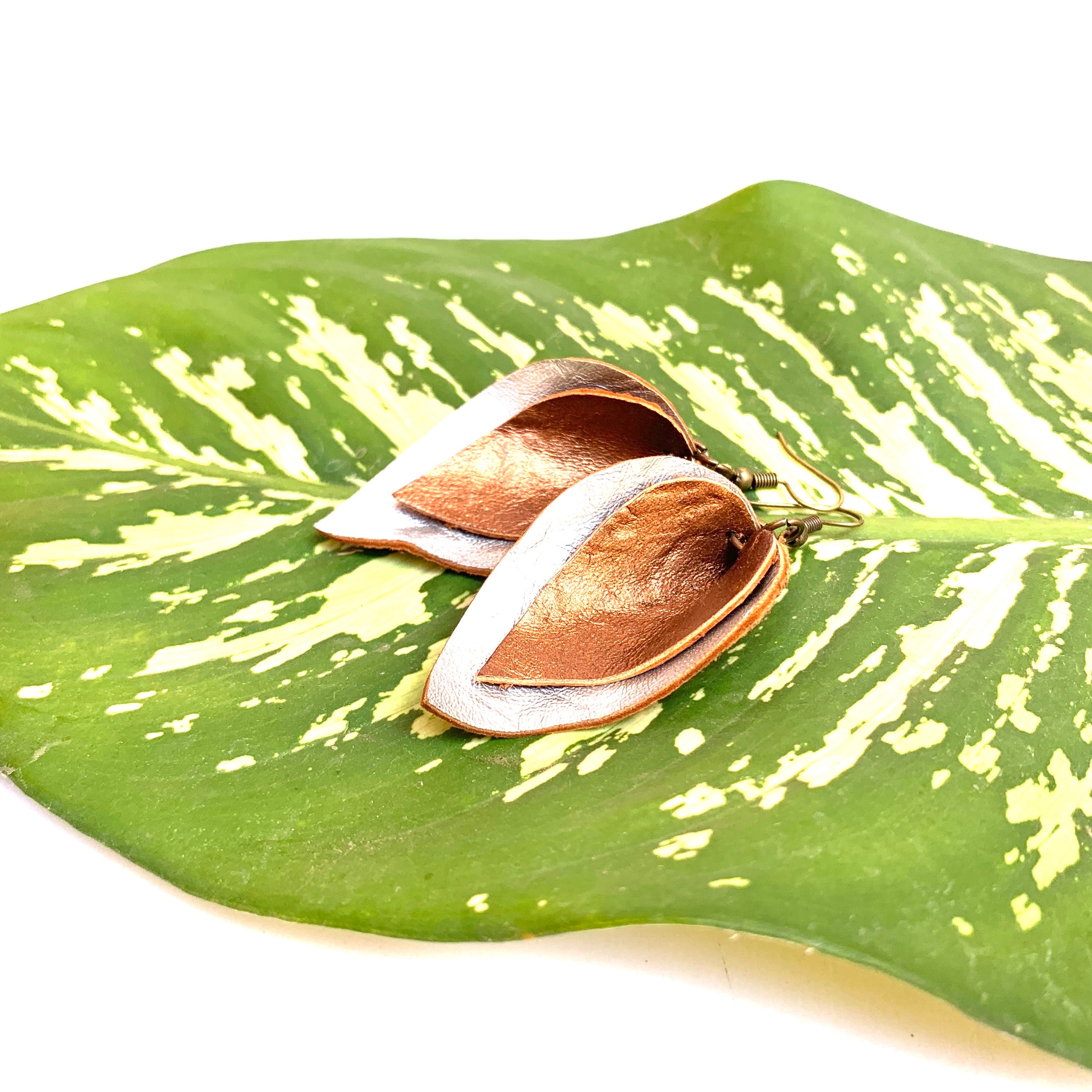 Large Double Leaf Goat Leather Earrings